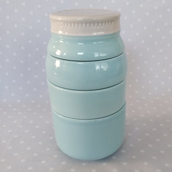 World Market Blue Ceramic Mason Jar Inspired Stackable Measuring Cups w/Lid - Picture 2 of 11